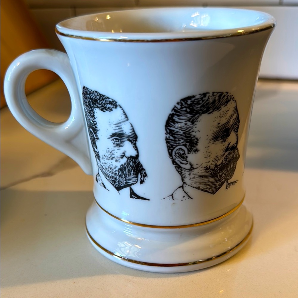 Mustache Mug or shaving mug . Beautiful gold accents on a white and black mug